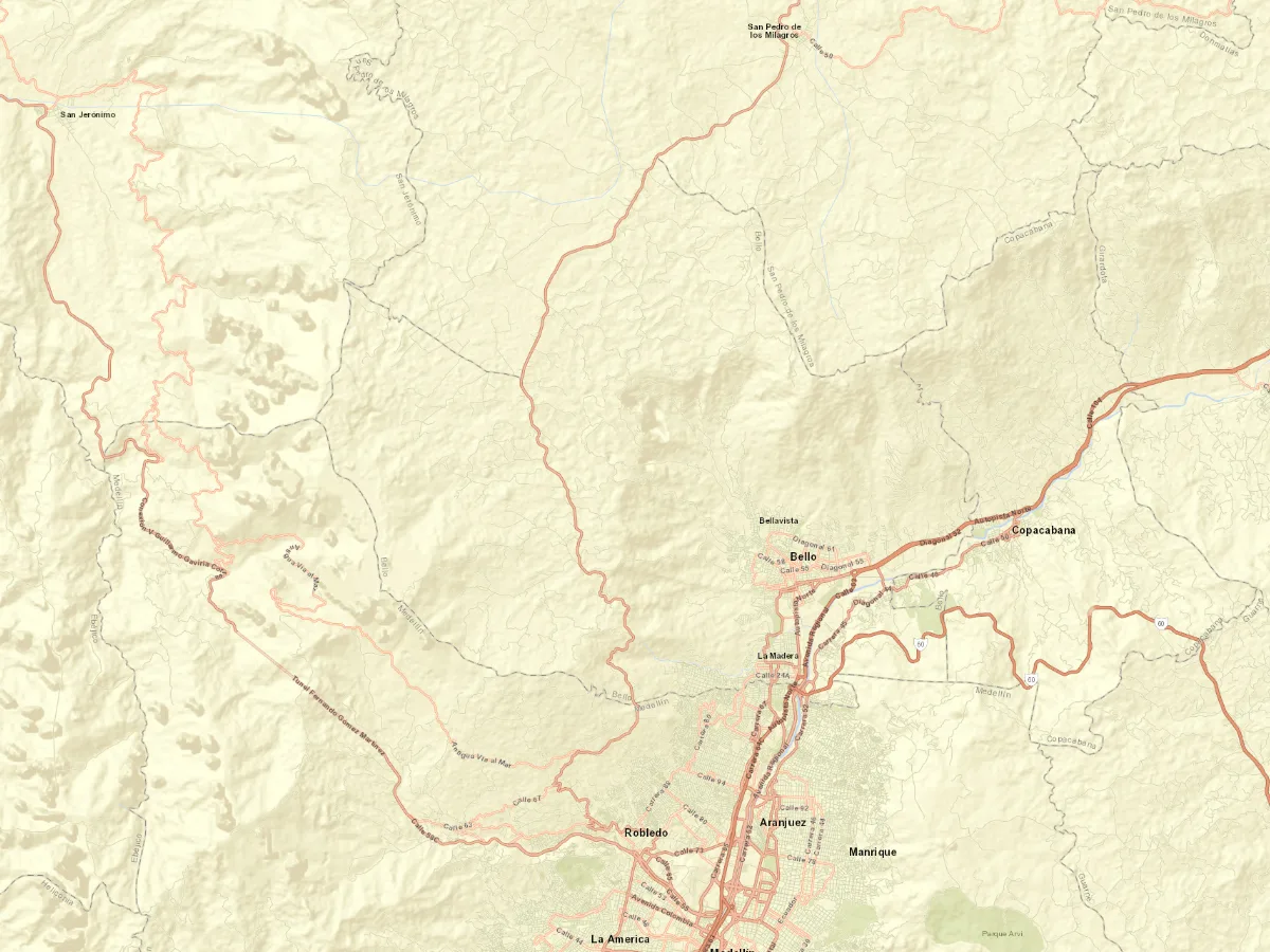 Mapa cartográfico de Bello, Antioquia, con vías, relieve, municipios vecinos y límite territorial de referencia