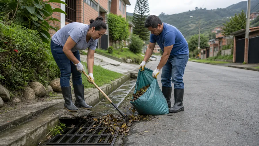Dos vecinos retiran hojas de un desagüe accesible desde el suelo usando guantes y herramientas