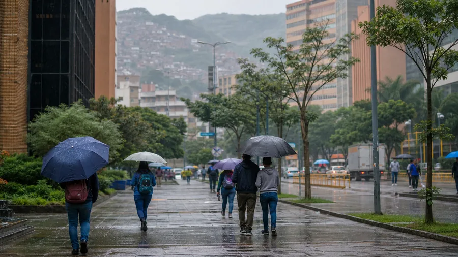 Personas con paraguas caminando por una calle urbana bajo la lluvia