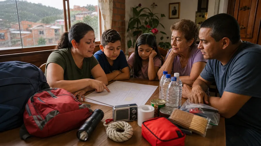 Familia reunida alrededor de un plano sencillo y elementos de preparación mientras llueve afuera