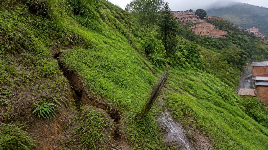 Ladera húmeda con una grieta reciente, un poste inclinado y agua que emerge del terreno