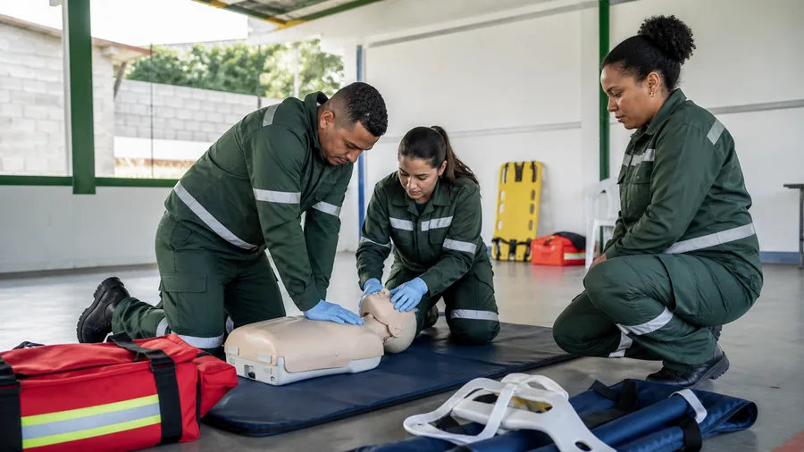 Personal de respuesta practicando primeros auxilios con un maniquí de entrenamiento